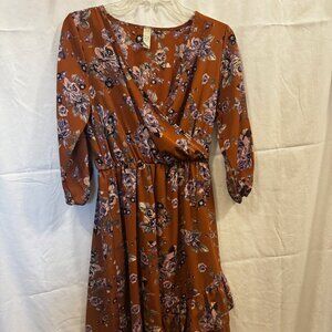 Burnt Orange Terracotta Floral Tiered Ruffle Midi Faux-Wrap Dress | Medium
